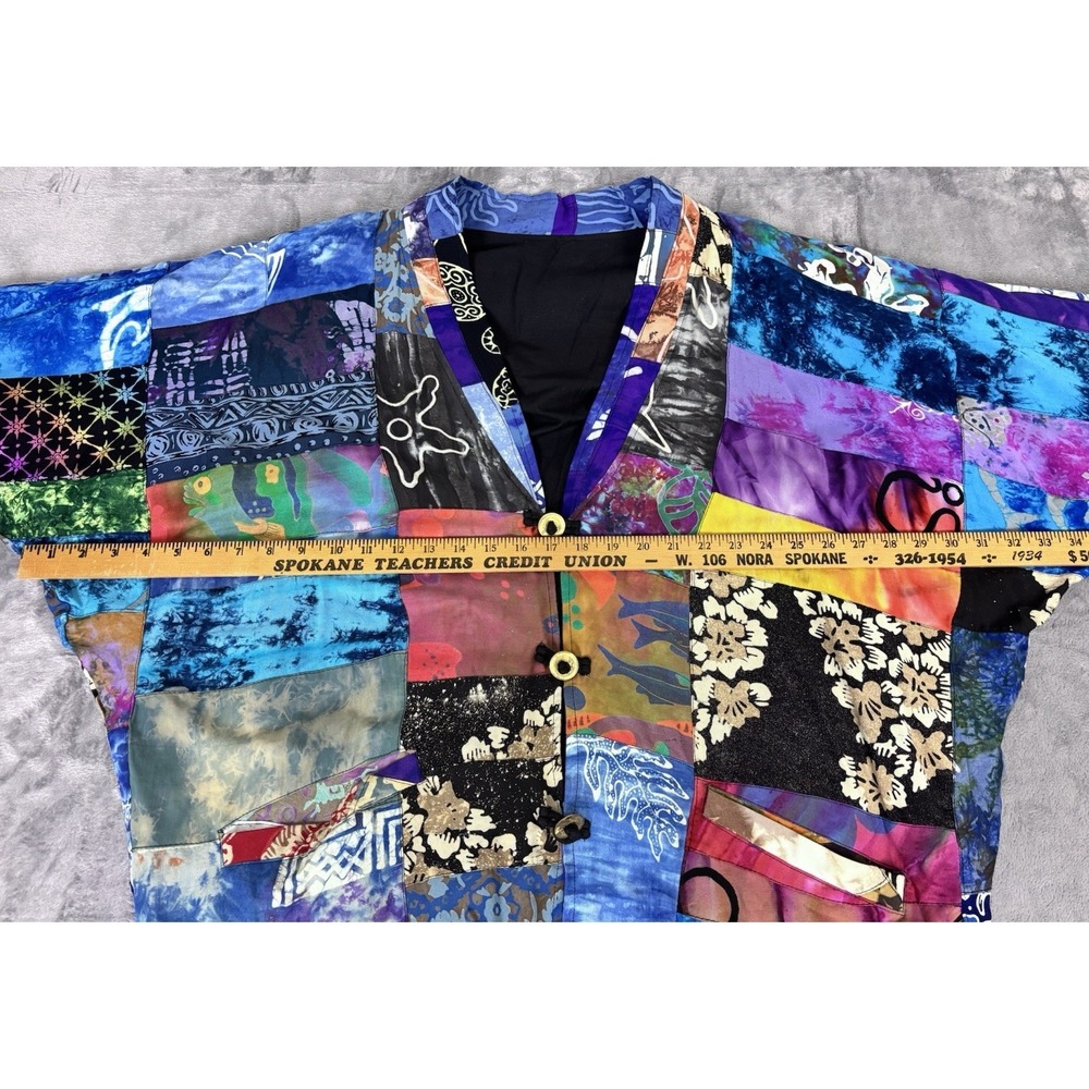 Vintage 80s Patchwork Rayon Batwing Jacket One Size Boho Art To Wear - Picture 3 of 12